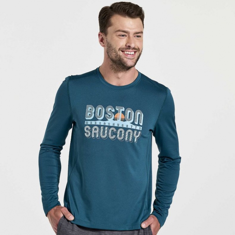 Saucony Stopwatch Graphic Long Sleeve T-Shirt Herren Blau | WIEN HVWT